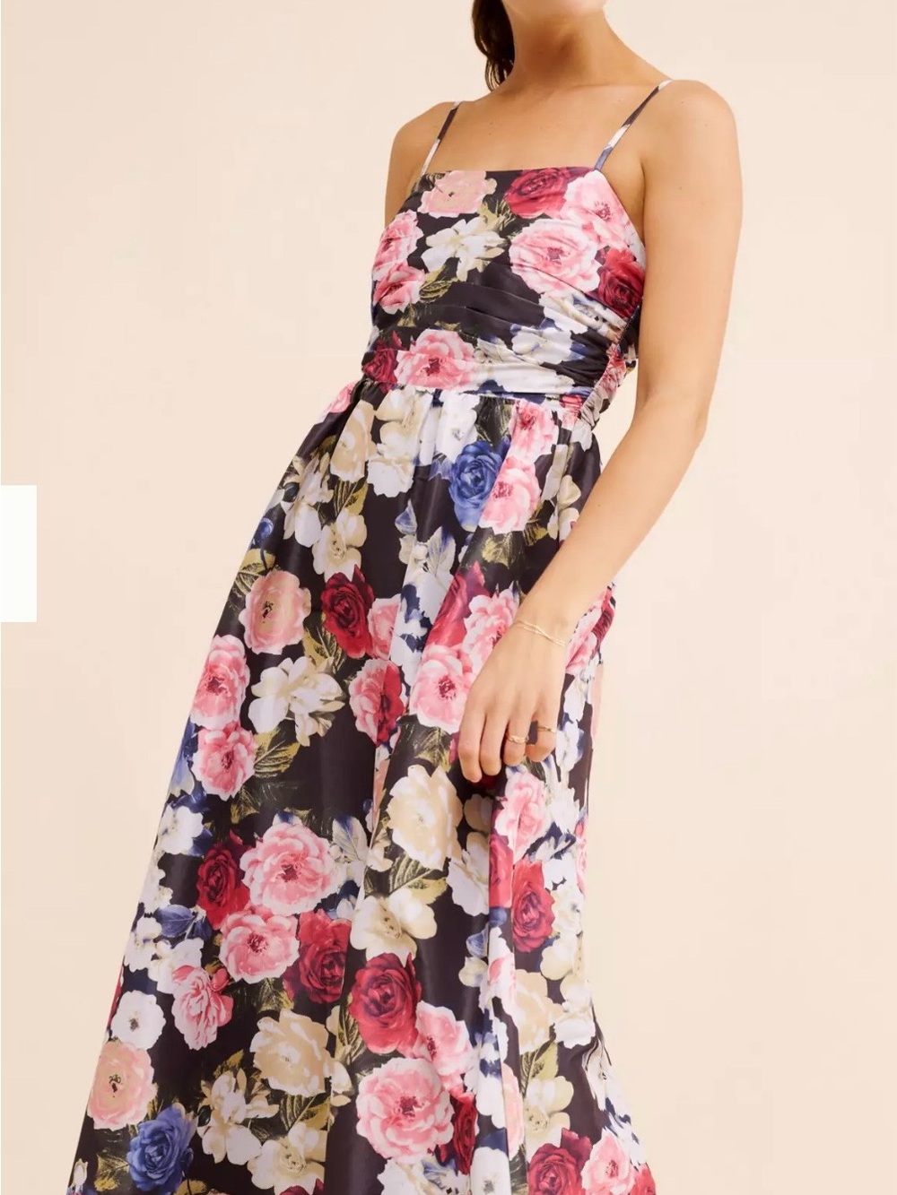 Floral Spaghetti-Strap Maxi Dress in Black with Pink & Red Blooms